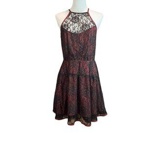 xFree People Black & Burgundy Lace Fit & Flare Mini Dress SZ:10  Sheer Open Back